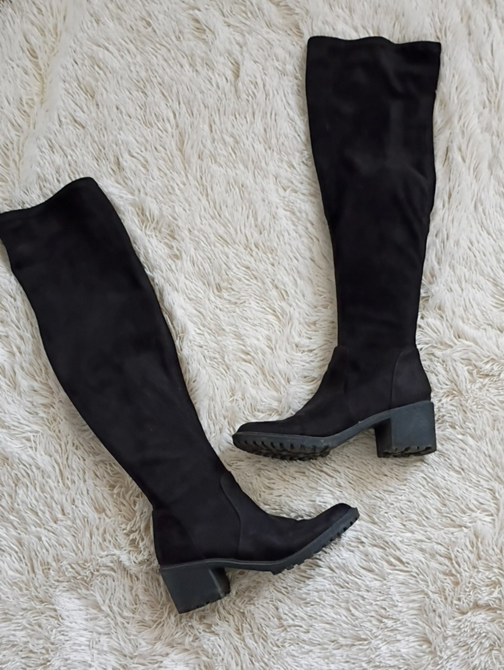 Black Thigh-High Suede Block Heel Boots!